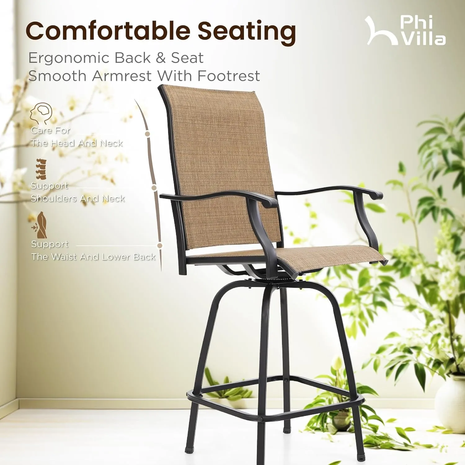 PHI VILLA Outdoor Swivel Bar Stools Set of 2, Bar Height Patio Chairs 30" Seat Height with All-Weather Brown Textilene Fabric, Tall Patio Chairs Furniture for Outside, Deck, Yard and Garden
