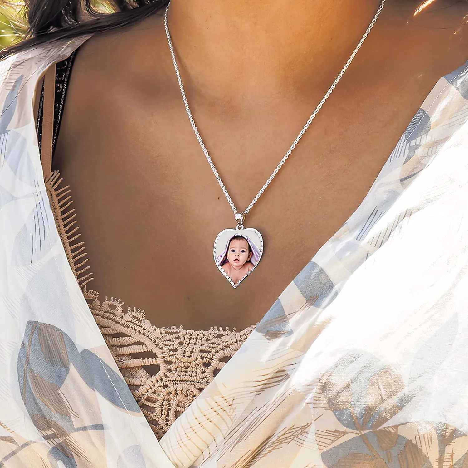 PicturesOnGold.com Personalized Photo Engraved Heart Shaped Picture Necklace with Diamond Cut Edge in Silver, Gold, White Gold or Rose Gold - 1 Inch x 1 Inch