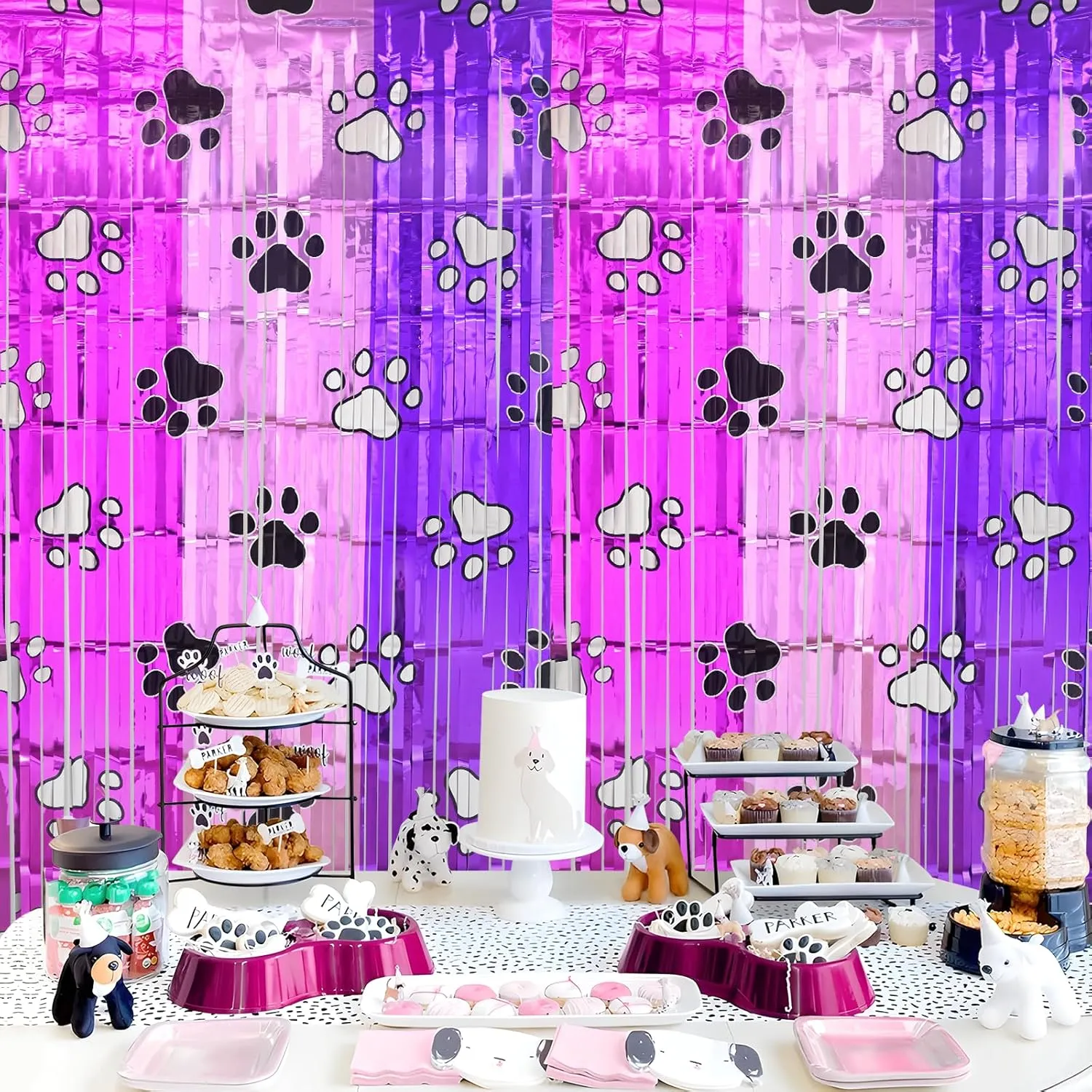 Pink Paw Birthday Decorations, 2 Pack Pink and Light Purple Birthday Party Supplies 3.3 x 6.6ft Tinsel Foil Fringe Curtains Photo Booth Props Backdrop Streamers, House Room Decor for Girls