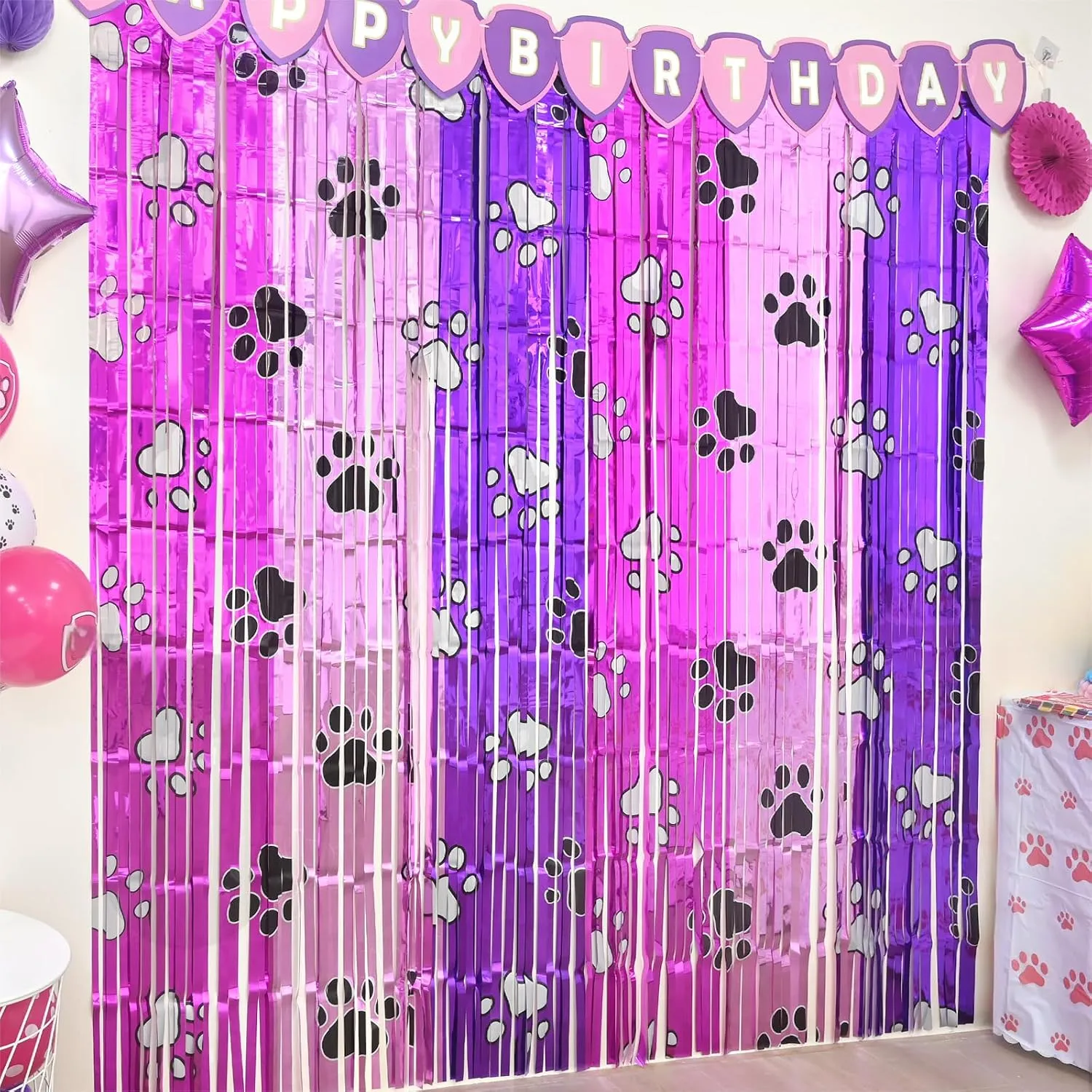 Pink Paw Birthday Decorations, 2 Pack Pink and Light Purple Birthday Party Supplies 3.3 x 6.6ft Tinsel Foil Fringe Curtains Photo Booth Props Backdrop Streamers, House Room Decor for Girls