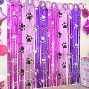 Pink Paw Birthday Decorations, 2 Pack Pink and Light Purple Birthday Party Supplies 3.3 x 6.6ft Tinsel Foil Fringe Curtains Photo Booth Props Backdrop Streamers, House Room Decor for Girls