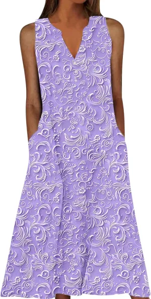 Plus Size 3D Printed Boho Midi Dress Women Sleeveless V Neck Flowy Tank Dresses Summer Casual Beach A-Line Sundress