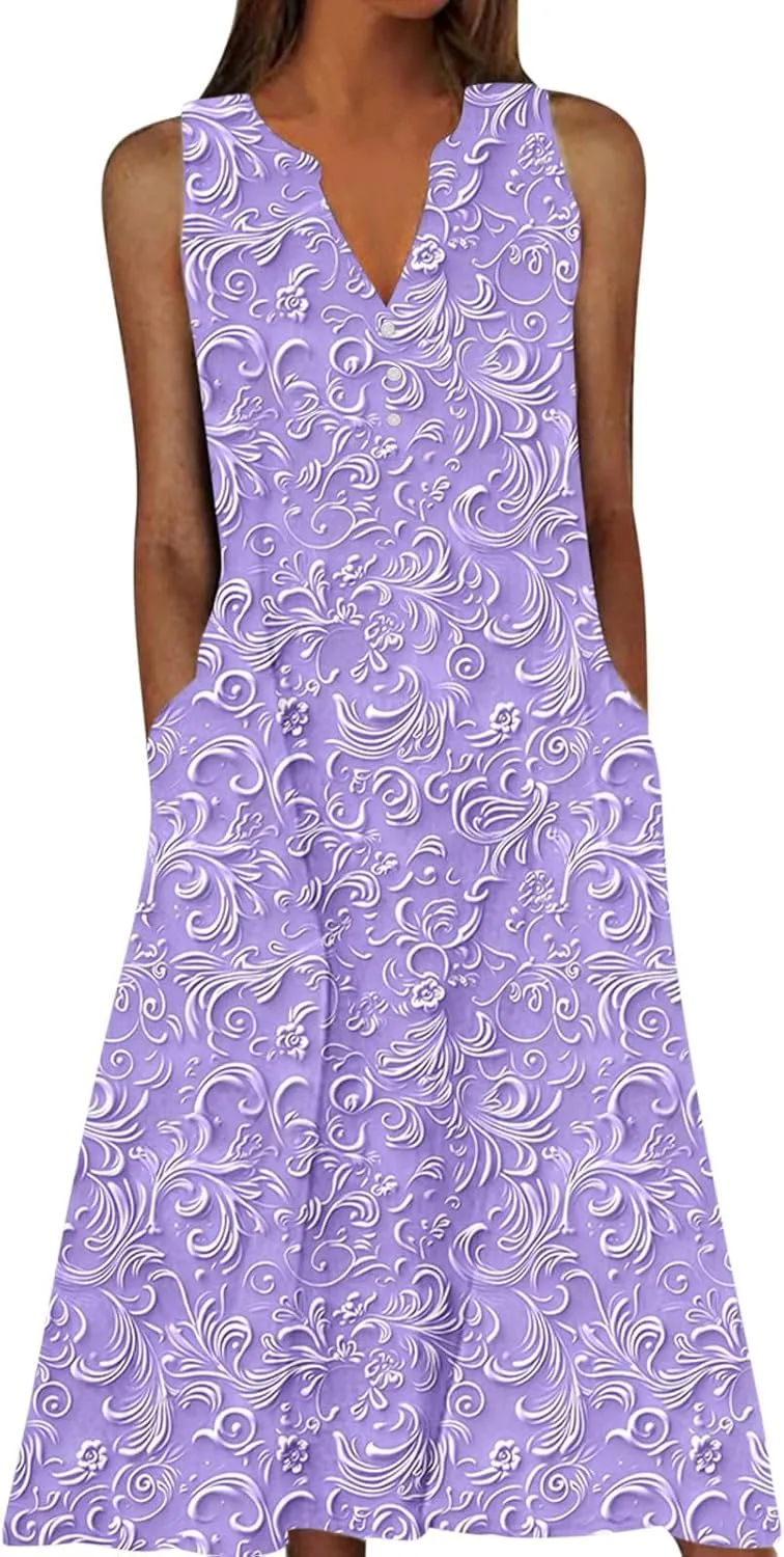 Plus Size 3D Printed Boho Midi Dress Women Sleeveless V Neck Flowy Tank Dresses Summer Casual Beach A-Line Sundress