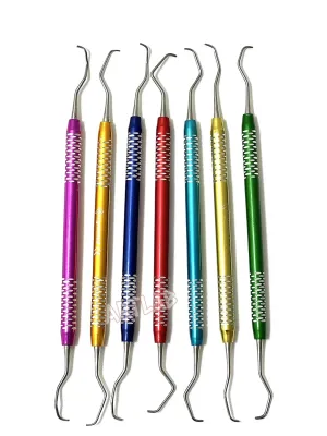 Premium German Stainless Steel -Dental Gracey Curette Set Dental Veterinary Instrument Kit -Gracey Periodontal Curettes Double Ended Hollow Handle -Dental Instruments (Set of 7 Colored Hollow Handle)