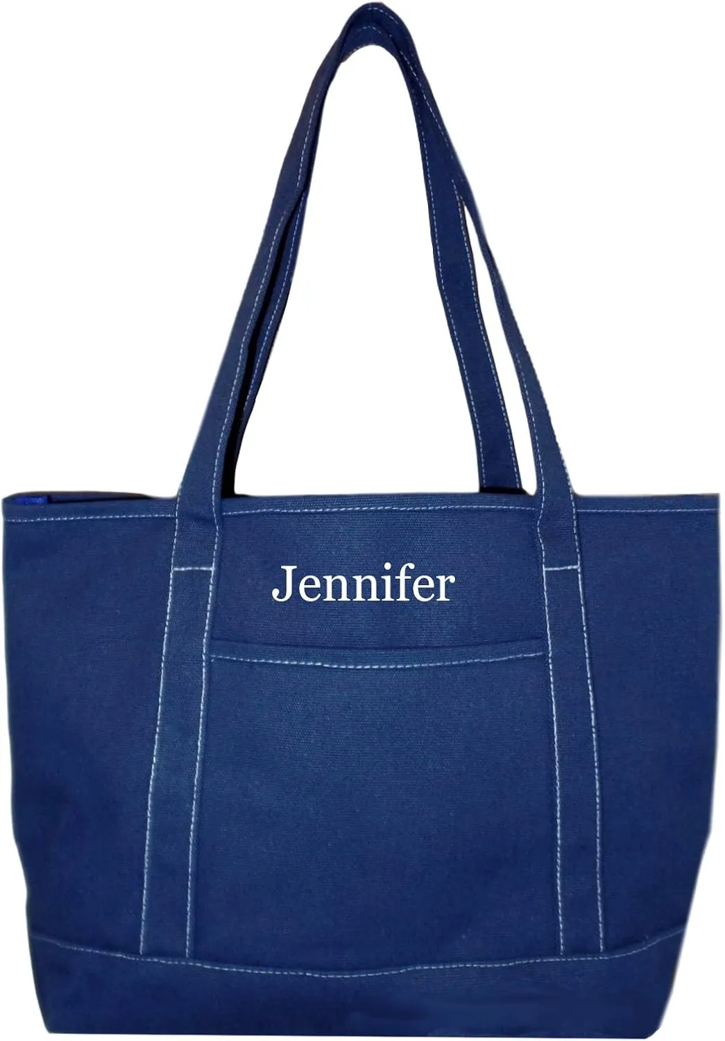 Premium Large 24 oz Cotton Canvas Open Top Tote Shopper Bag (Navy - Embroidered Name)