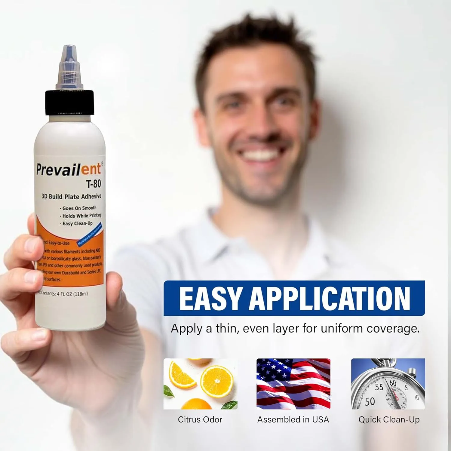 Prevailent T-80 3D Printer Bed Adhesive Glue – Strong Adhesion for PLA, ABS, TPU, PETG & More, Prevents Warping, Easy Release, Ideal for 3D Printers, Dual Extruders & Hot Beds, 4 fl oz. (118ml)