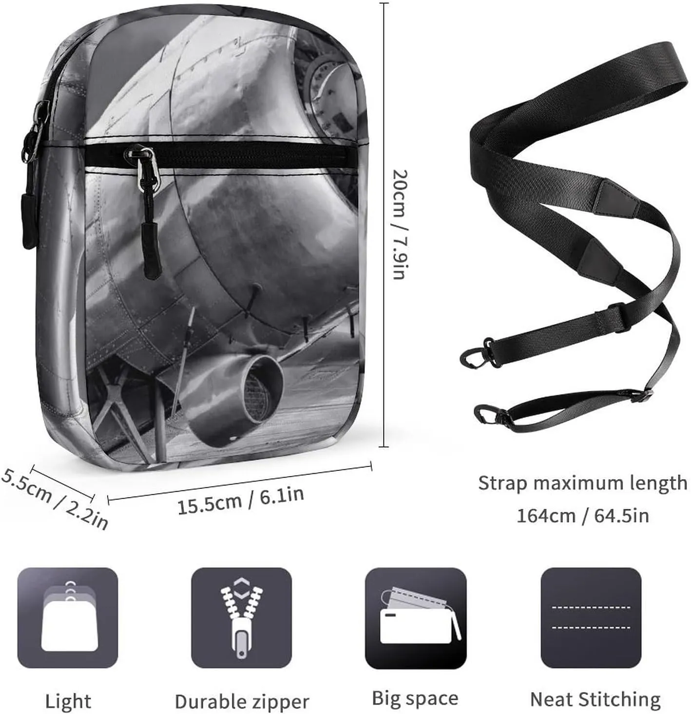Propeller of Aircraft Black White Vintage Adjustable Fanny Waist Pack Pouch, Waterproof Crossbody Runners Bag Wallet for Gym Hiking Fitness Women Men 6.1 x 2.2 x 7.9 inch