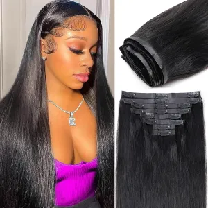 PU Weft Clip in Hair Extensions for Black Women Straight Human Hair Seamless Clip in Hair Extensions Full Head Brazilian Virgin Human Hair Natural Black Color,8/Pcs with 18Clips,120 Gram (16inch)
