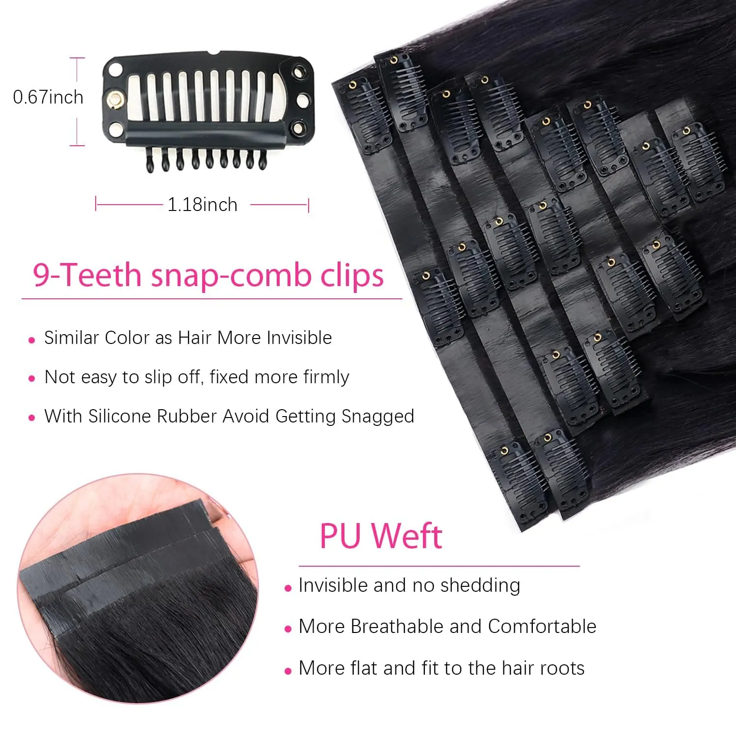 PU Weft Clip in Hair Extensions for Black Women Straight Human Hair Seamless Clip in Hair Extensions Full Head Brazilian Virgin Human Hair Natural Black Color,8/Pcs with 18Clips,120 Gram (16inch)