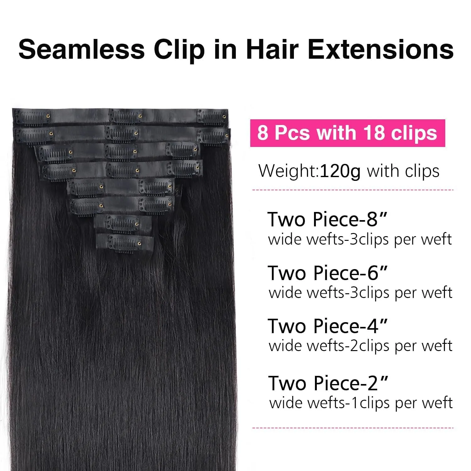 PU Weft Clip in Hair Extensions for Black Women Straight Human Hair Seamless Clip in Hair Extensions Full Head Brazilian Virgin Human Hair Natural Black Color,8/Pcs with 18Clips,120 Gram (16inch)