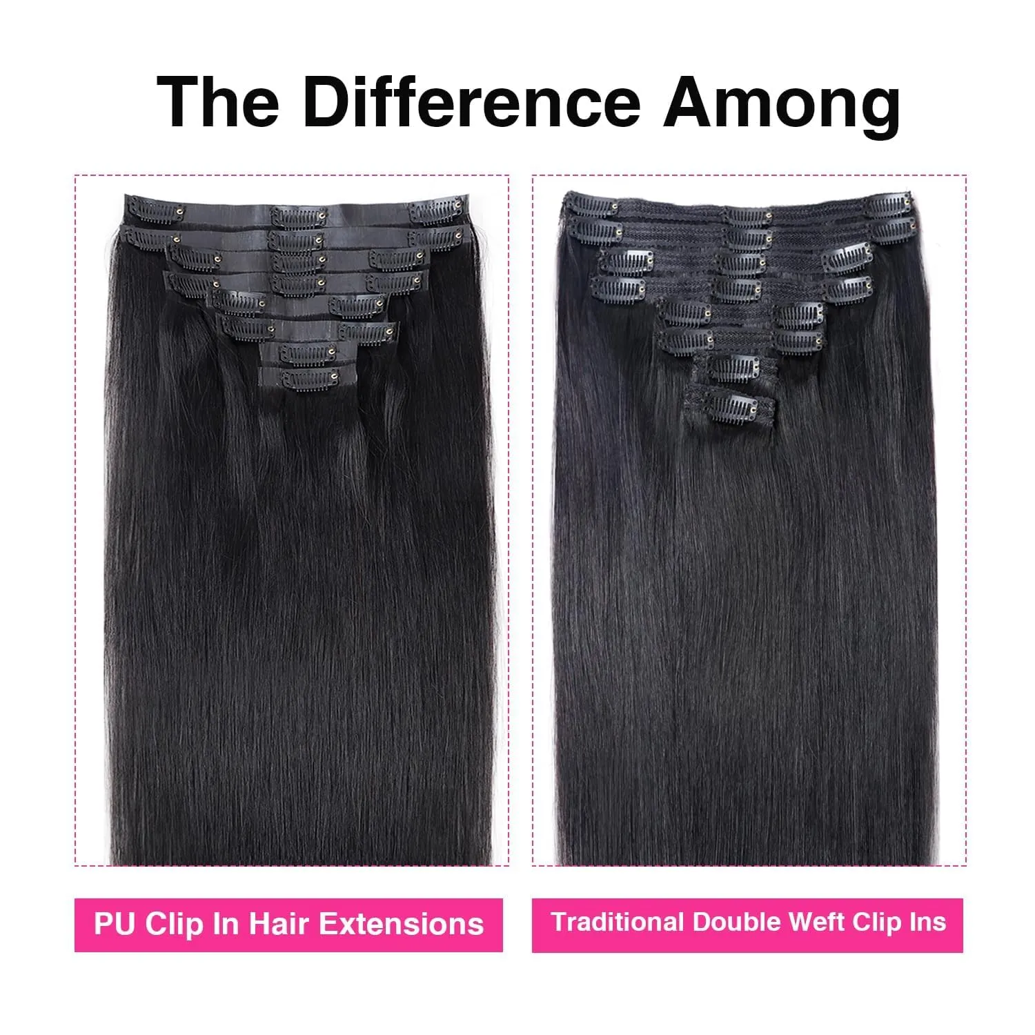PU Weft Clip in Hair Extensions for Black Women Straight Human Hair Seamless Clip in Hair Extensions Full Head Brazilian Virgin Human Hair Natural Black Color,8/Pcs with 18Clips,120 Gram (16inch)