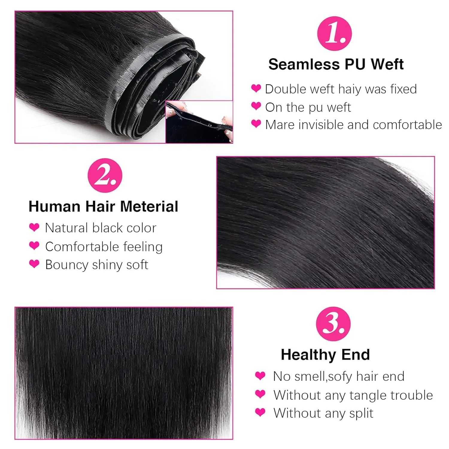 PU Weft Clip in Hair Extensions for Black Women Straight Human Hair Seamless Clip in Hair Extensions Full Head Brazilian Virgin Human Hair Natural Black Color,8/Pcs with 18Clips,120 Gram (16inch)