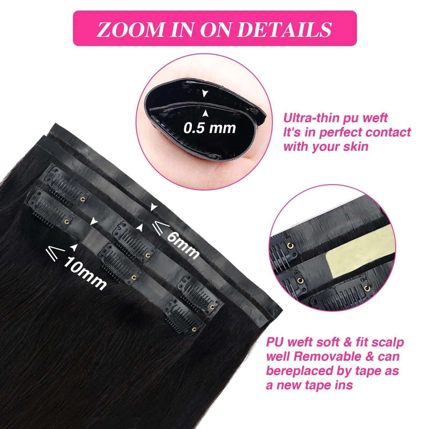 PU Weft Clip in Hair Extensions for Black Women Straight Human Hair Seamless Clip in Hair Extensions Full Head Brazilian Virgin Human Hair Natural Black Color,8/Pcs with 18Clips,120 Gram (16inch)