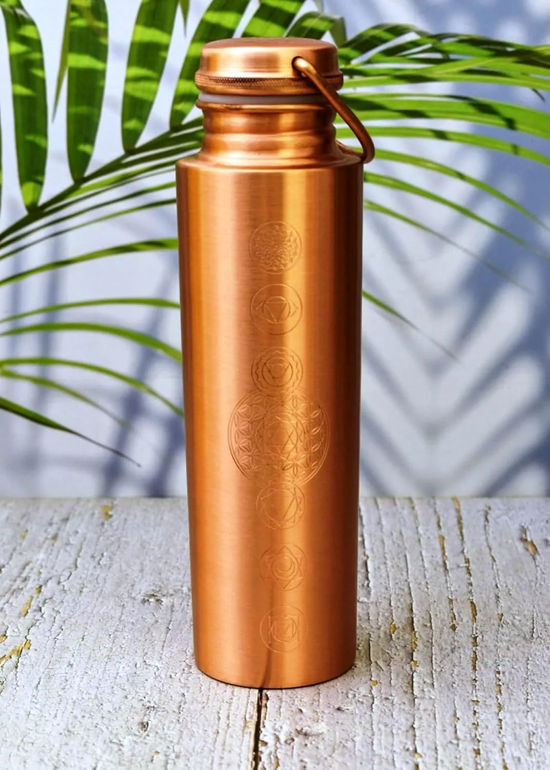 Pure Copper Water Bottle for Drinking - Antique 7 Chakras Design 32oz Leak-Proof Copper Water Bottle with Carry Bag | Large Handcrafted Ayurvedic Copper Vessel with Handle Lid (Design 2)