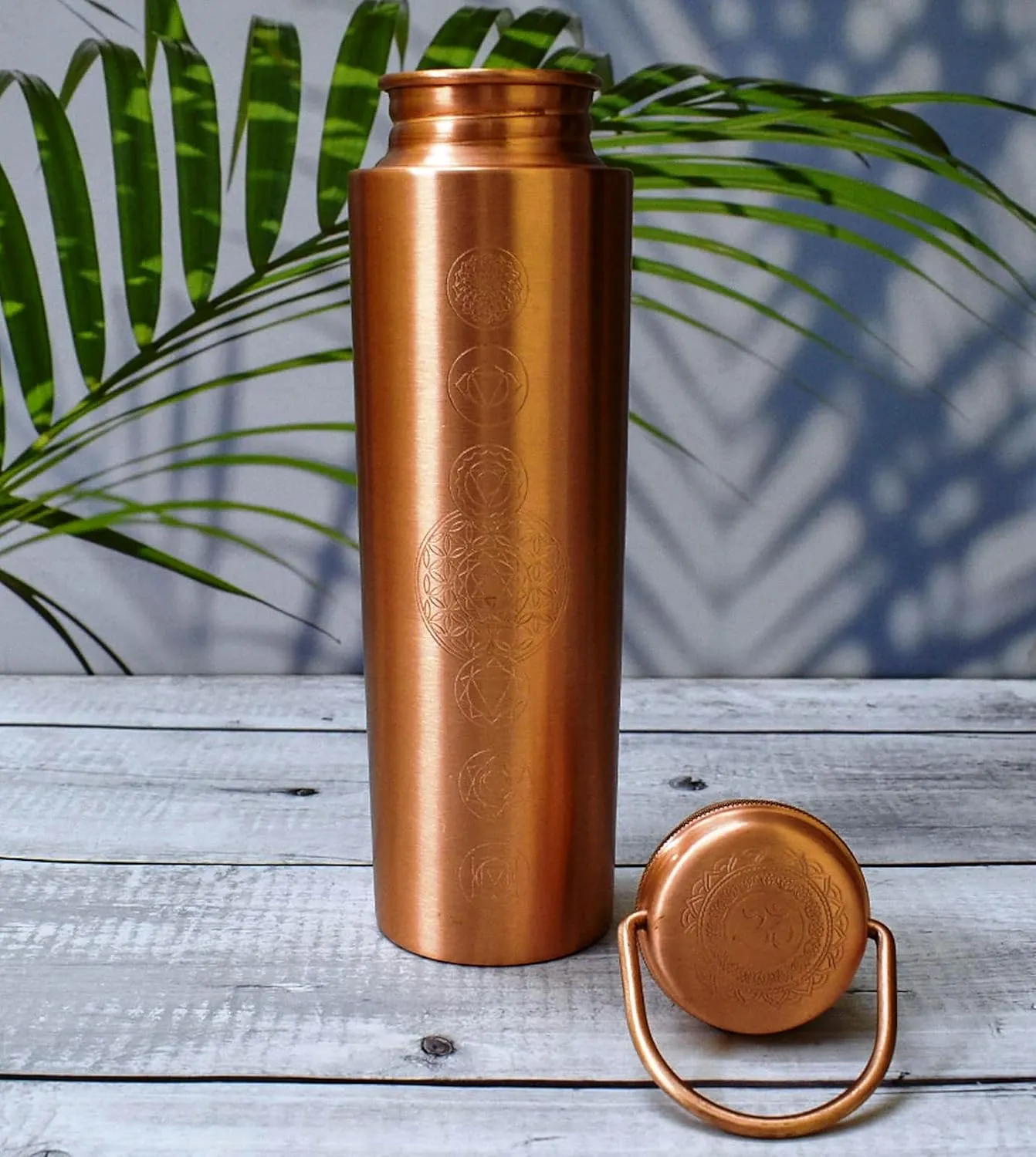 Pure Copper Water Bottle for Drinking - Antique 7 Chakras Design 32oz Leak-Proof Copper Water Bottle with Carry Bag | Large Handcrafted Ayurvedic Copper Vessel with Handle Lid (Design 2)
