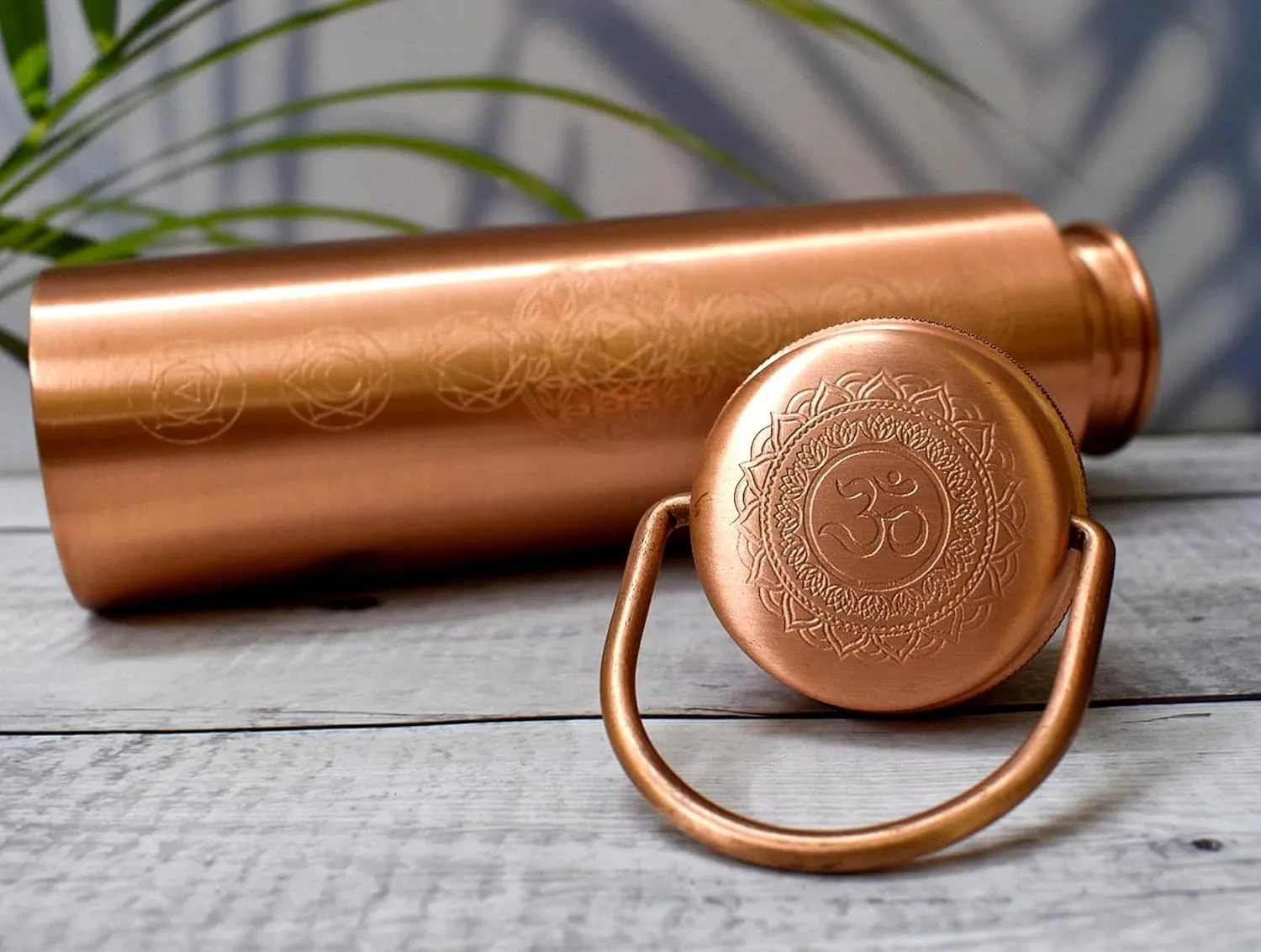 Pure Copper Water Bottle for Drinking - Antique 7 Chakras Design 32oz Leak-Proof Copper Water Bottle with Carry Bag | Large Handcrafted Ayurvedic Copper Vessel with Handle Lid (Design 2)