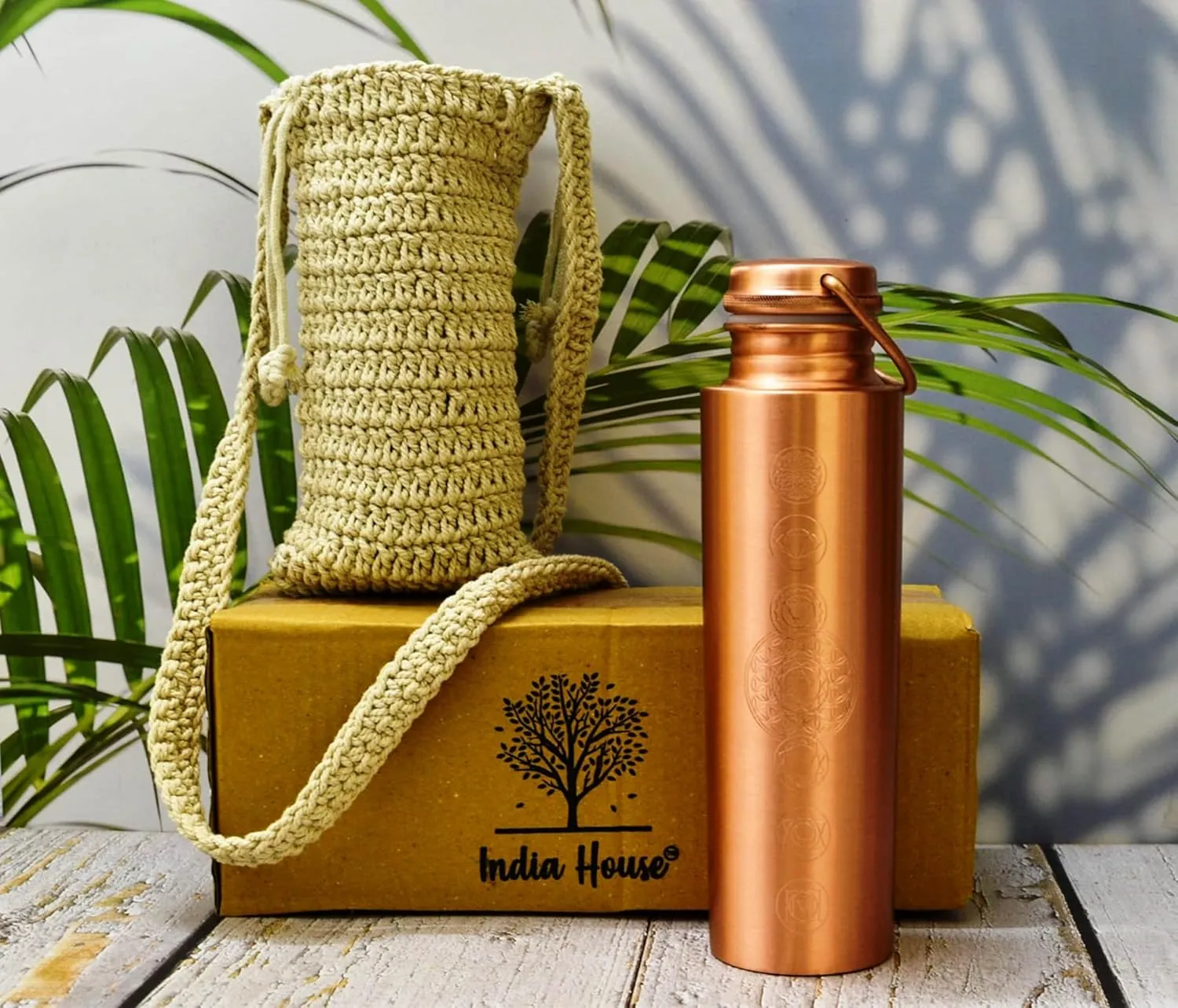 Pure Copper Water Bottle for Drinking - Antique 7 Chakras Design 32oz Leak-Proof Copper Water Bottle with Carry Bag | Large Handcrafted Ayurvedic Copper Vessel with Handle Lid (Design 2)