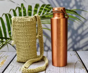 Pure Copper Water Bottle for Drinking - Antique 7 Chakras Design 32oz Leak-Proof Copper Water Bottle with Carry Bag | Large Handcrafted Ayurvedic Copper Vessel with Handle Lid (Design 2)