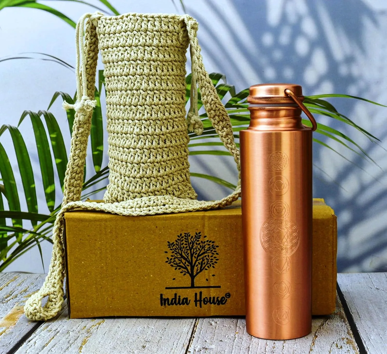 Pure Copper Water Bottle for Drinking - Antique 7 Chakras Design 32oz Leak-Proof Copper Water Bottle with Carry Bag | Large Handcrafted Ayurvedic Copper Vessel with Handle Lid (Design 2)