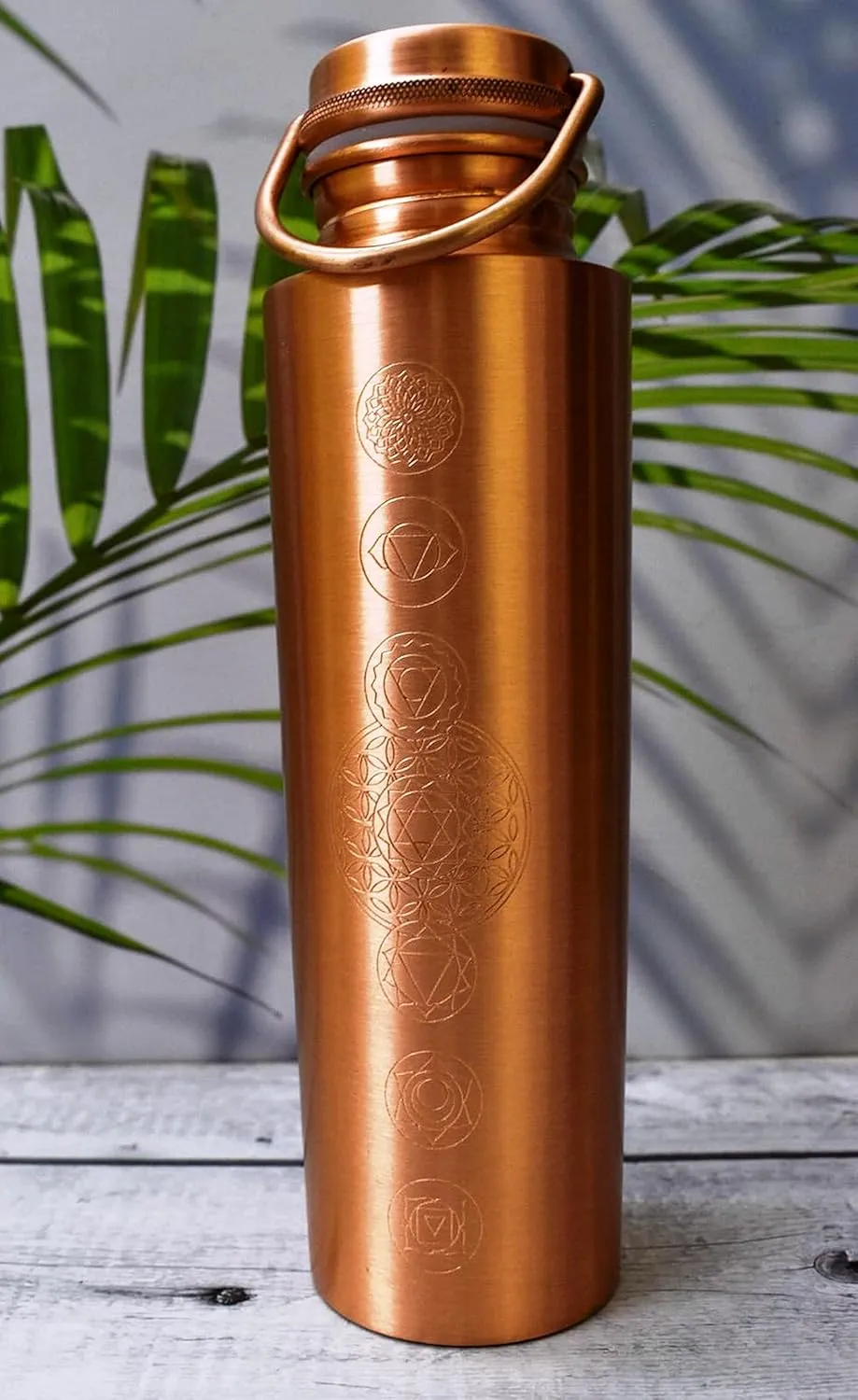 Pure Copper Water Bottle for Drinking - Antique 7 Chakras Design 32oz Leak-Proof Copper Water Bottle with Carry Bag | Large Handcrafted Ayurvedic Copper Vessel with Handle Lid (Design 2)
