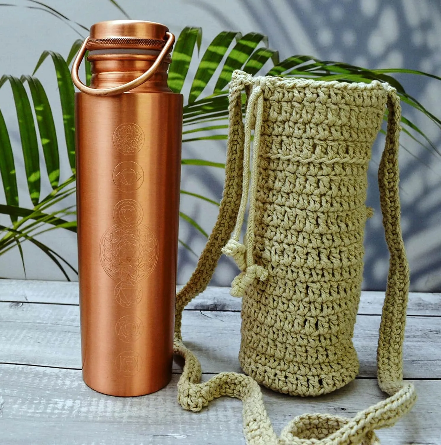 Pure Copper Water Bottle for Drinking - Antique 7 Chakras Design 32oz Leak-Proof Copper Water Bottle with Carry Bag | Large Handcrafted Ayurvedic Copper Vessel with Handle Lid (Design 2)