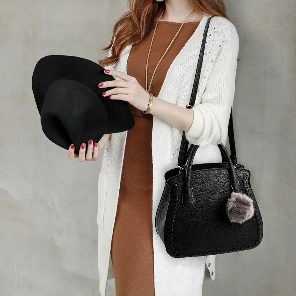 Purses and Handbags for Women PU Leather Top Handle Satchel Ladies Shoulder Tote Bags(Black)