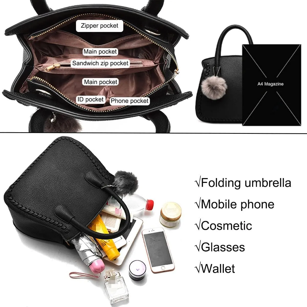 Purses and Handbags for Women PU Leather Top Handle Satchel Ladies Shoulder Tote Bags(Black)