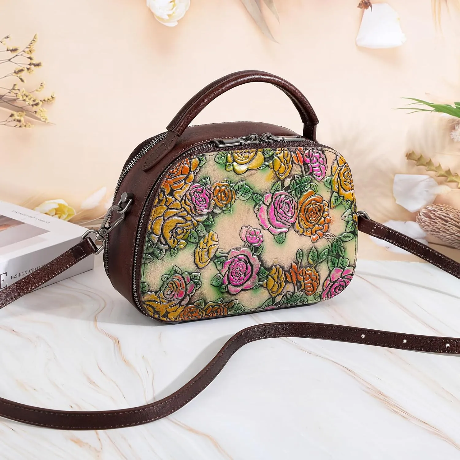 Purses for Women Genuine Leather Satchel Handbags Hand Painted Retro Top Handle Bags