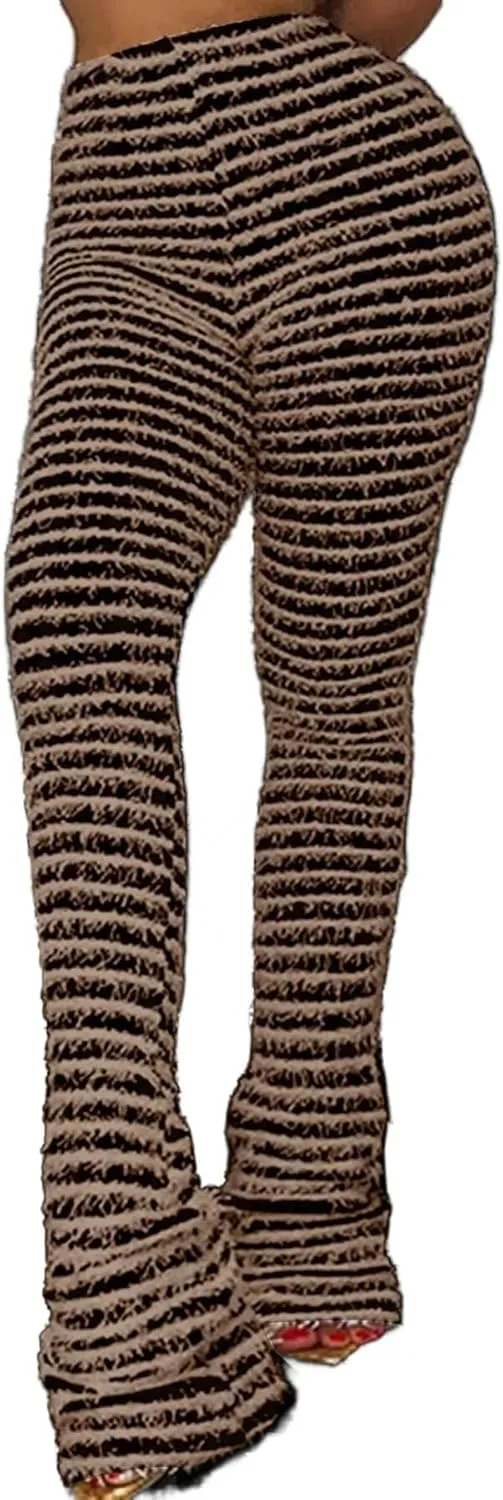 qfmqkpi Women Fuzzy Pants Striped Black and White Fringe Stacked Leggings Knitted Sweatpants