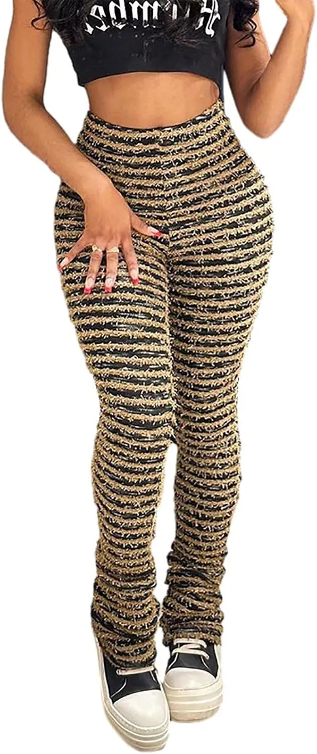 qfmqkpi Women Fuzzy Pants Striped Black and White Fringe Stacked Leggings Knitted Sweatpants