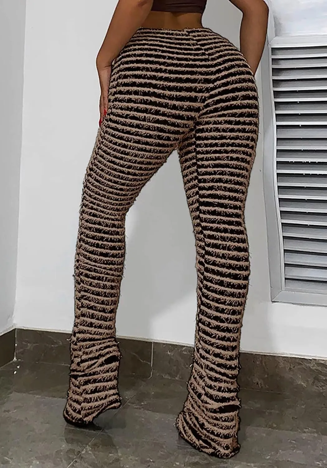 qfmqkpi Women Fuzzy Pants Striped Black and White Fringe Stacked Leggings Knitted Sweatpants