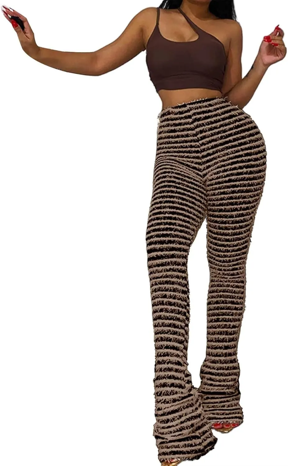 qfmqkpi Women Fuzzy Pants Striped Black and White Fringe Stacked Leggings Knitted Sweatpants
