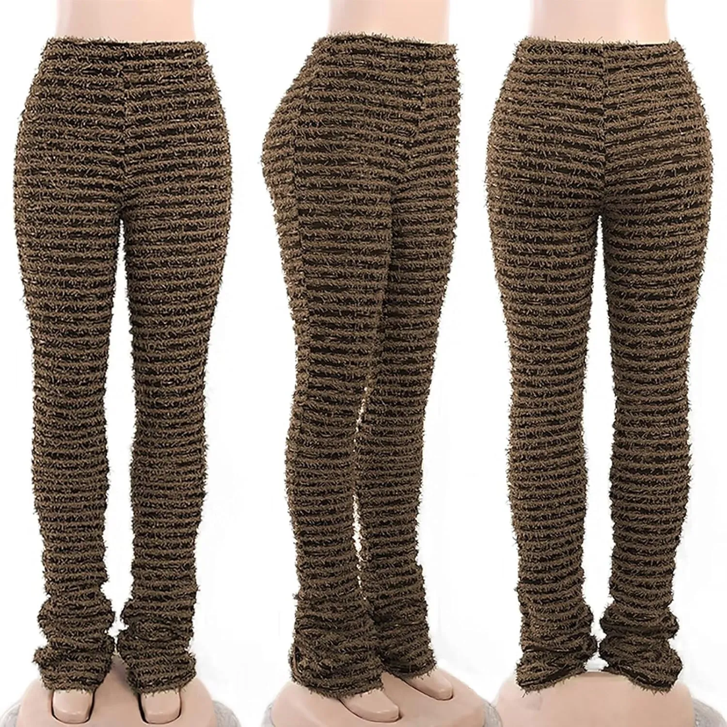 qfmqkpi Women Fuzzy Pants Striped Black and White Fringe Stacked Leggings Knitted Sweatpants
