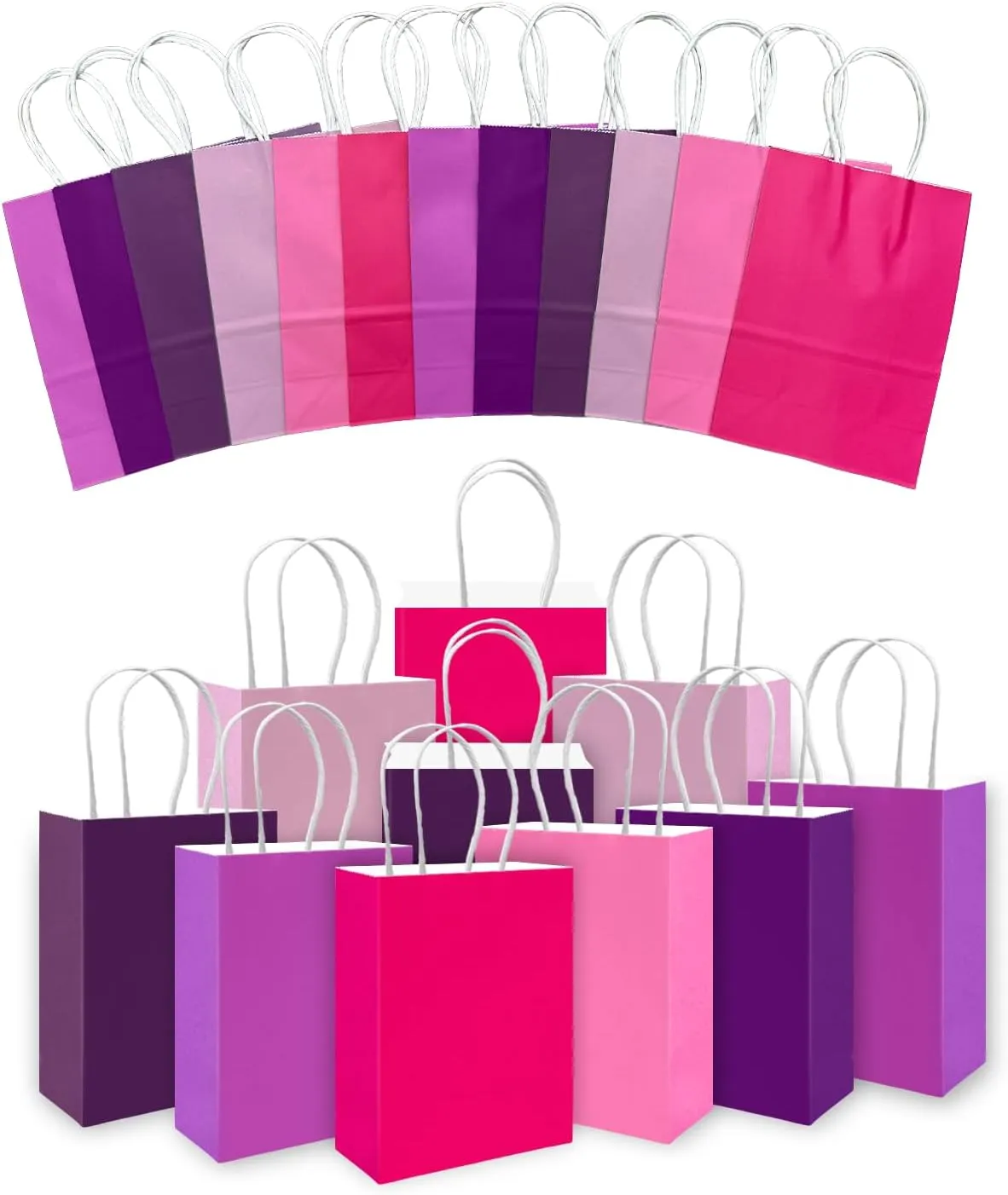 qiqee 30PCS Small Gift Bag with Handles Bulk 8.3"x6"x3" Gift Bags 6 Different Pink ＆ Purple Color Bags Multiple Uses (Small Size)