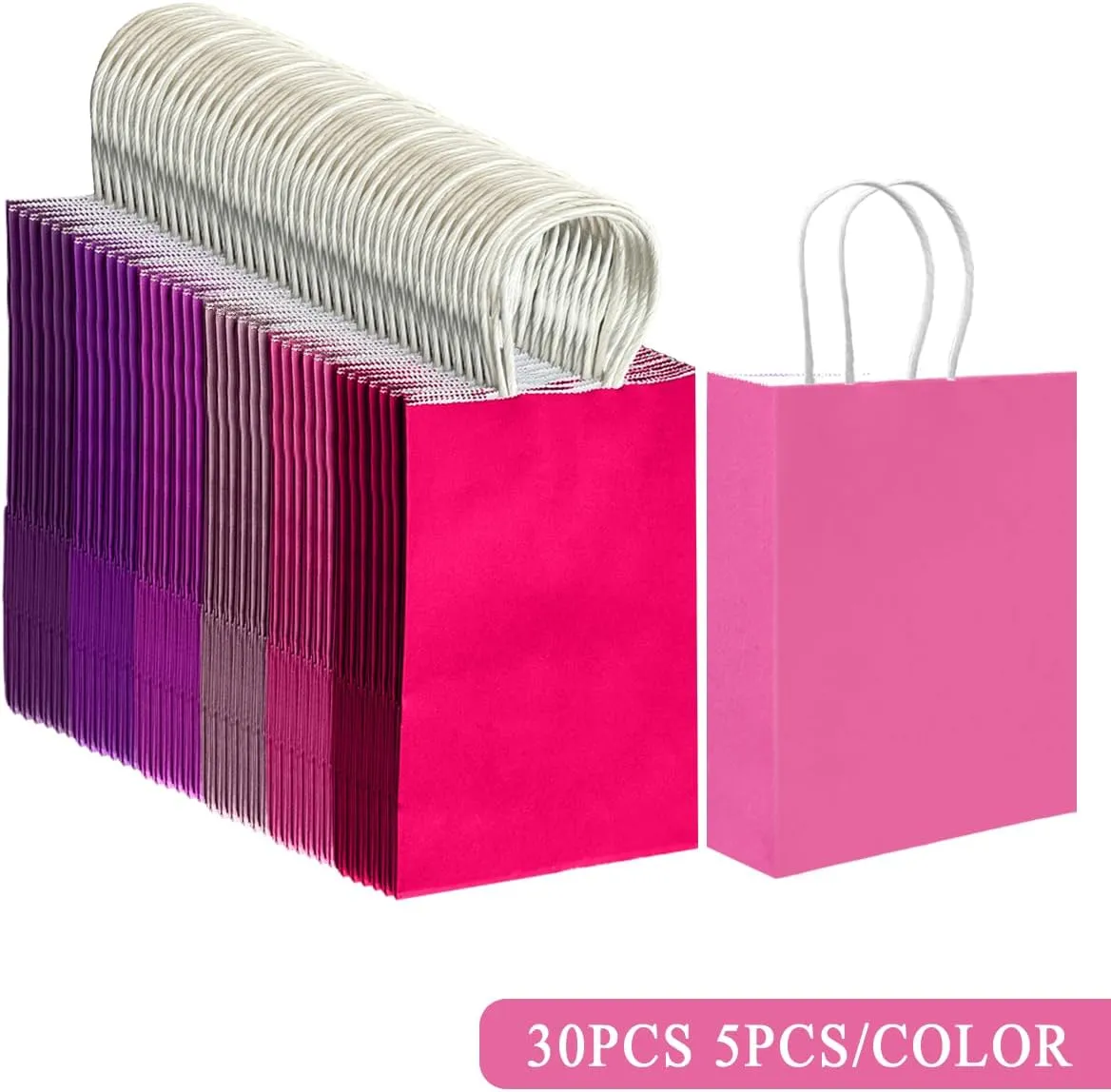qiqee 30PCS Small Gift Bag with Handles Bulk 8.3"x6"x3" Gift Bags 6 Different Pink ＆ Purple Color Bags Multiple Uses (Small Size)