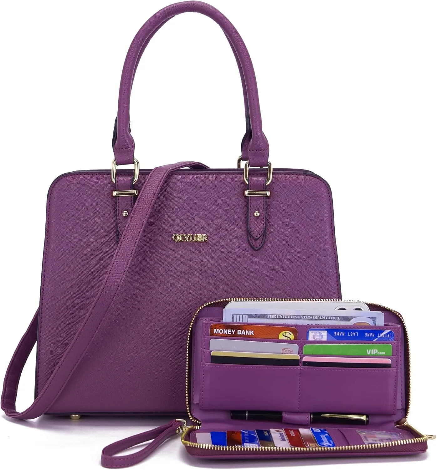 Qiyuer Satchel Purses For Women Top Handle Bag Purse And Wallet Set Work Tote Bags 2pcs