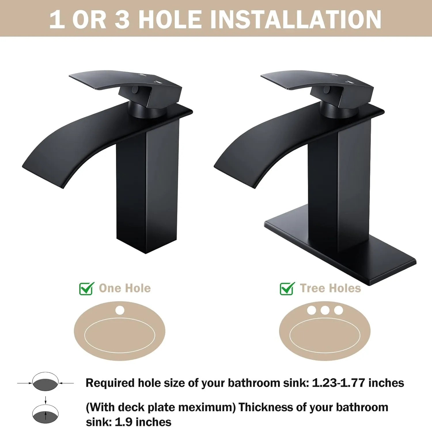 Qomolangma Waterfall Bathroom Faucet *2, Matte Black Modern Single Handle Bathroom Faucets for 1 or 3 Hole Bathroom Sink Faucet Mixer Tap Washbasin Faucet with Deck, Pop-up Drain and Supply Hoses