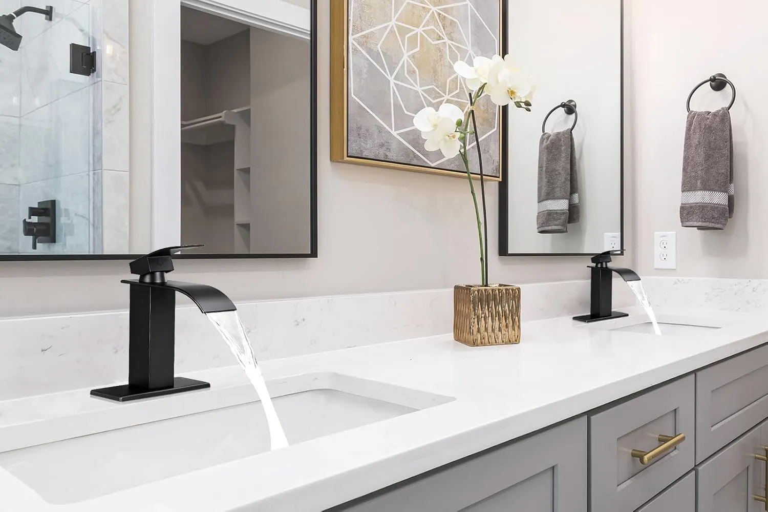 Qomolangma Waterfall Bathroom Faucet *2, Matte Black Modern Single Handle Bathroom Faucets for 1 or 3 Hole Bathroom Sink Faucet Mixer Tap Washbasin Faucet with Deck, Pop-up Drain and Supply Hoses