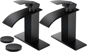 Qomolangma Waterfall Bathroom Faucet *2, Matte Black Modern Single Handle Bathroom Faucets for 1 or 3 Hole Bathroom Sink Faucet Mixer Tap Washbasin Faucet with Deck, Pop-up Drain and Supply Hoses