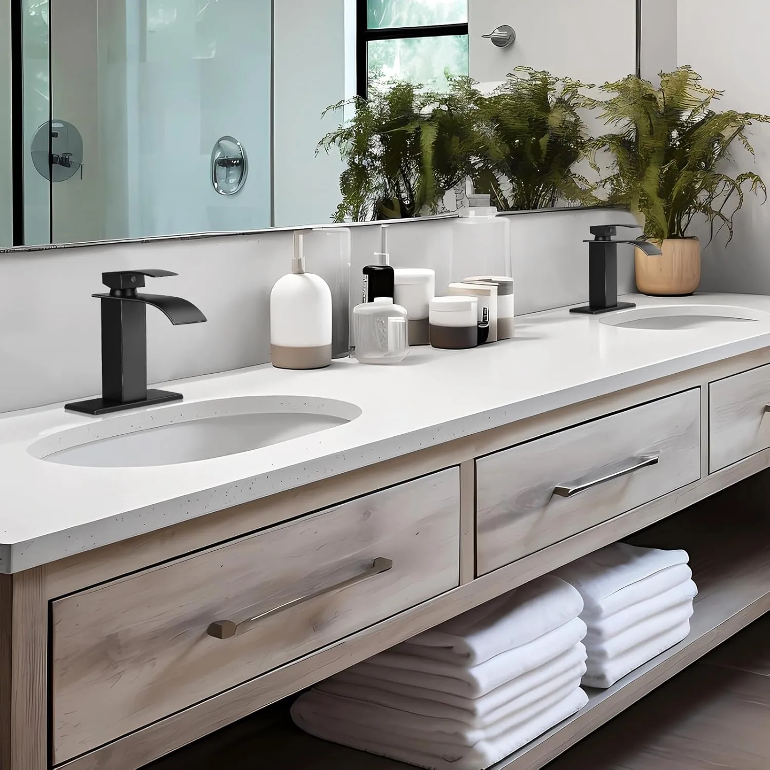 Qomolangma Waterfall Bathroom Faucet *2, Matte Black Modern Single Handle Bathroom Faucets for 1 or 3 Hole Bathroom Sink Faucet Mixer Tap Washbasin Faucet with Deck, Pop-up Drain and Supply Hoses