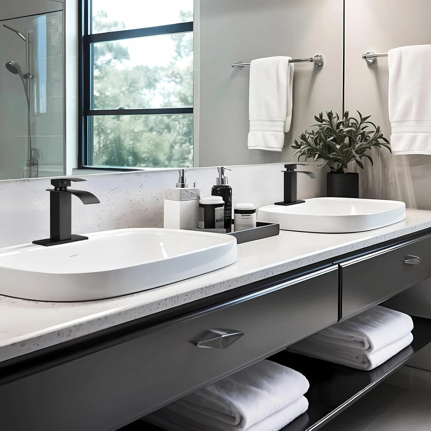 Qomolangma Waterfall Bathroom Faucet *2, Matte Black Modern Single Handle Bathroom Faucets for 1 or 3 Hole Bathroom Sink Faucet Mixer Tap Washbasin Faucet with Deck, Pop-up Drain and Supply Hoses