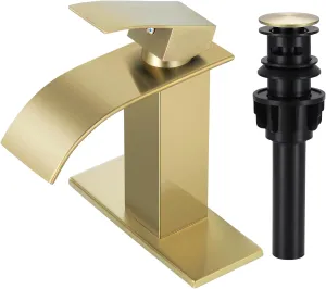 Qomolangma Waterfall Bathroom Faucet, Brushed Gold Modern Single Handle Bathroom Faucets for 1 or 3 Hole Bathroom Sink Faucet Mixer Tap Washbasin Faucet with Deck, Pop-up Drain and Supply Hoses