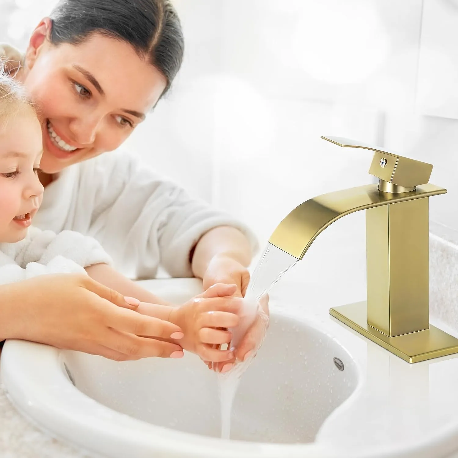 Qomolangma Waterfall Bathroom Faucet, Brushed Gold Modern Single Handle Bathroom Faucets for 1 or 3 Hole Bathroom Sink Faucet Mixer Tap Washbasin Faucet with Deck, Pop-up Drain and Supply Hoses