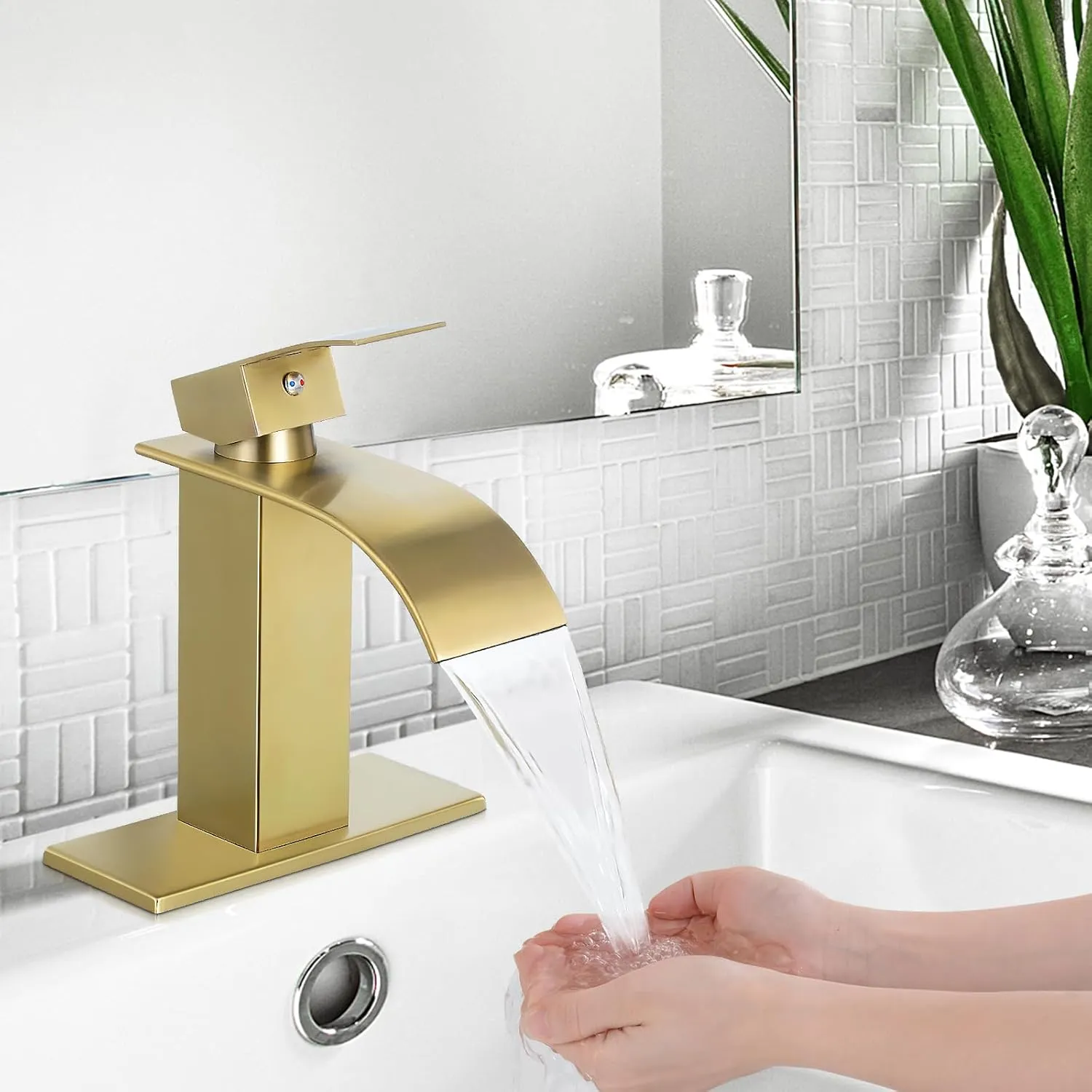 Qomolangma Waterfall Bathroom Faucet, Brushed Gold Modern Single Handle Bathroom Faucets for 1 or 3 Hole Bathroom Sink Faucet Mixer Tap Washbasin Faucet with Deck, Pop-up Drain and Supply Hoses
