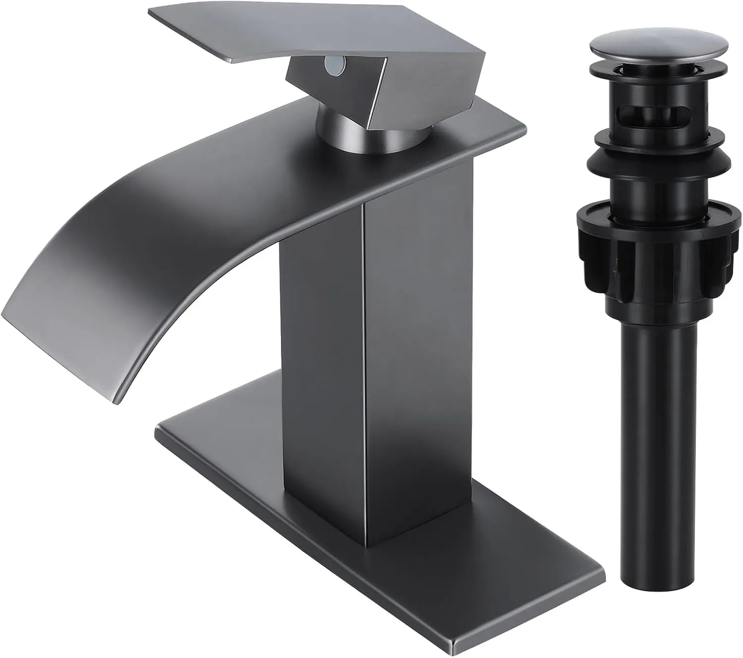 Qomolangma Waterfall Bathroom Faucet, Grey Modern Single Handle Bathroom Faucets for 1 or 3 Hole Bathroom Sink Faucet Mixer Tap Washbasin Faucet with Deck, Pop-up Drain and Supply Hoses