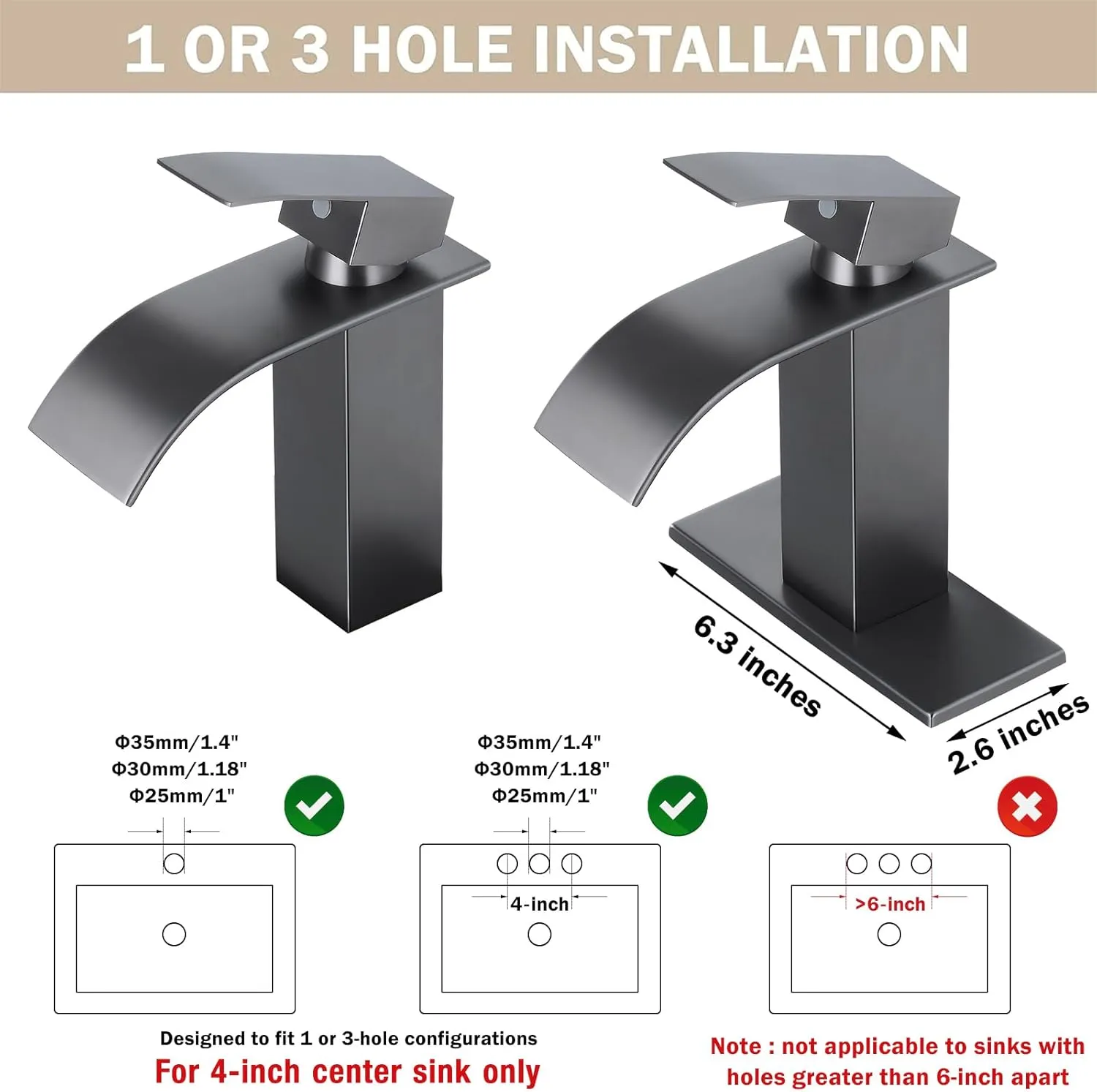 Qomolangma Waterfall Bathroom Faucet, Grey Modern Single Handle Bathroom Faucets for 1 or 3 Hole Bathroom Sink Faucet Mixer Tap Washbasin Faucet with Deck, Pop-up Drain and Supply Hoses