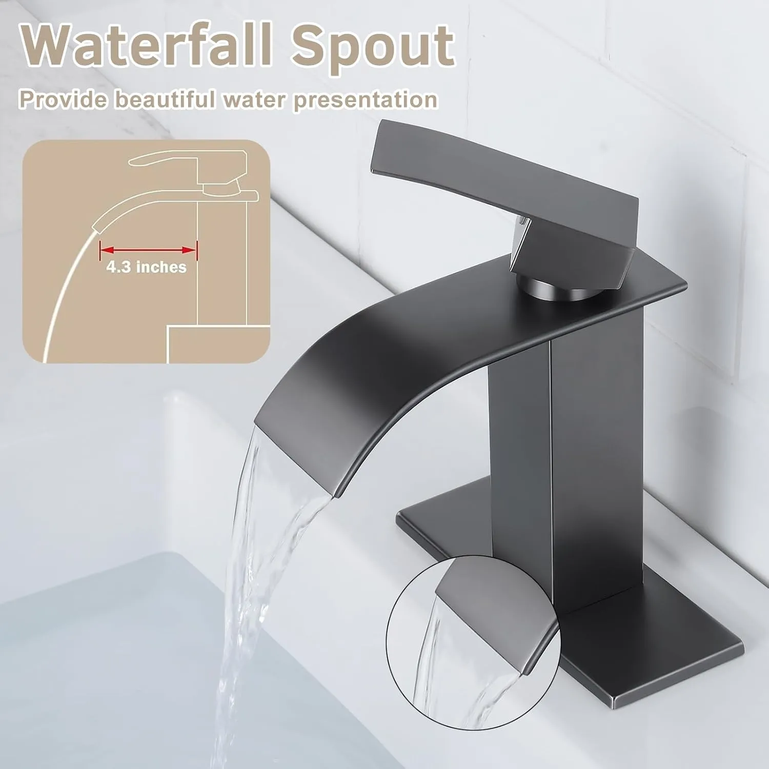 Qomolangma Waterfall Bathroom Faucet, Grey Modern Single Handle Bathroom Faucets for 1 or 3 Hole Bathroom Sink Faucet Mixer Tap Washbasin Faucet with Deck, Pop-up Drain and Supply Hoses