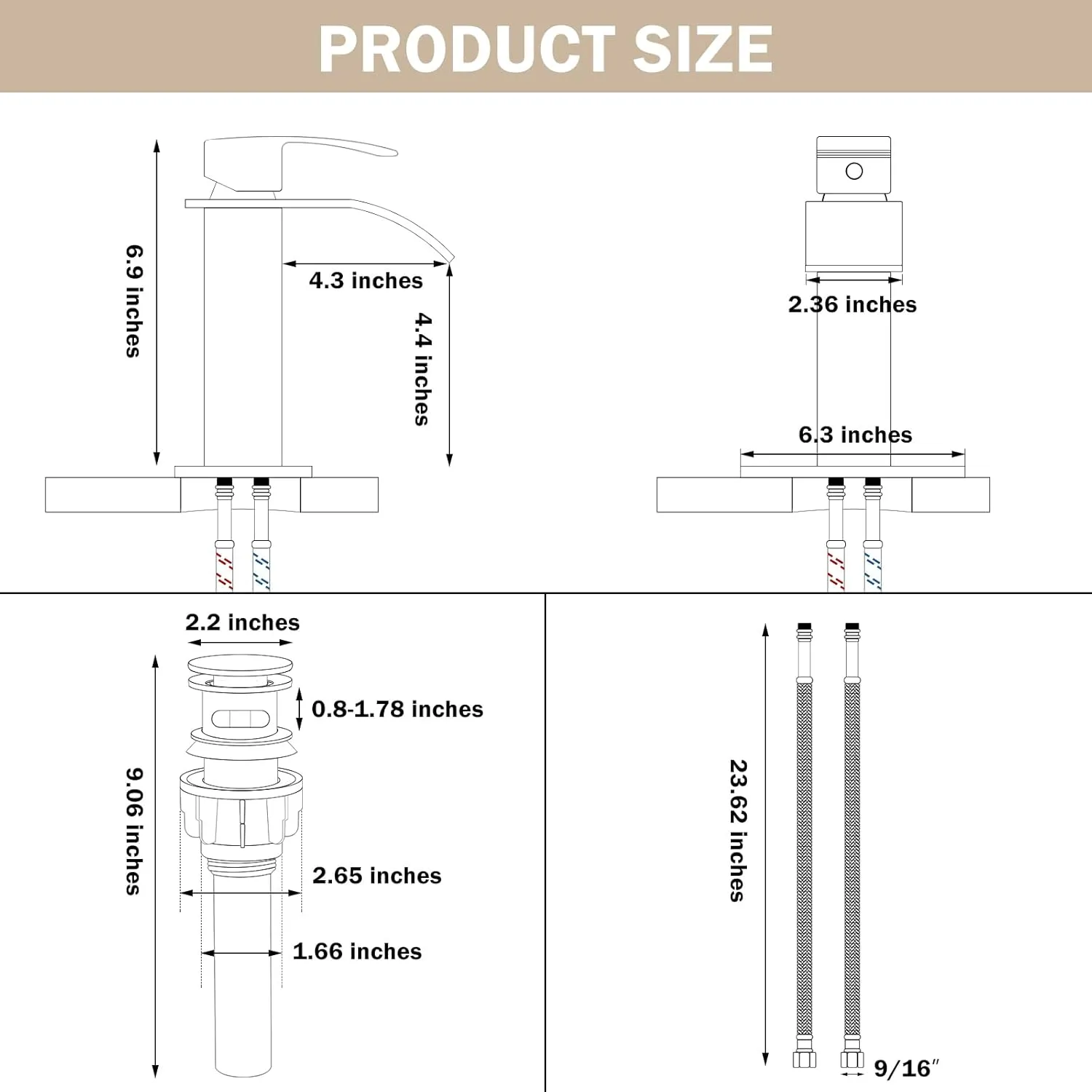 Qomolangma Waterfall Bathroom Faucet, Grey Modern Single Handle Bathroom Faucets for 1 or 3 Hole Bathroom Sink Faucet Mixer Tap Washbasin Faucet with Deck, Pop-up Drain and Supply Hoses