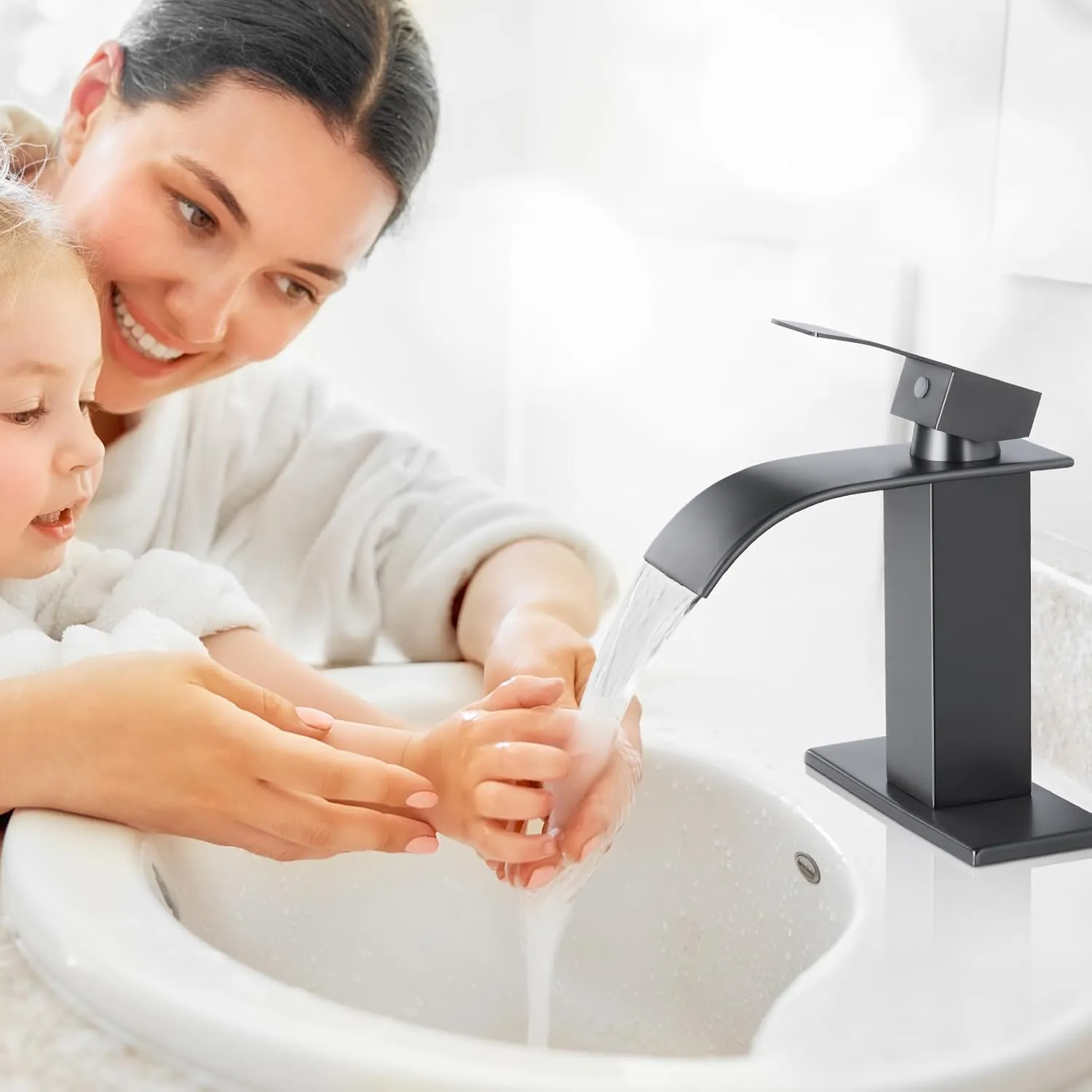 Qomolangma Waterfall Bathroom Faucet, Grey Modern Single Handle Bathroom Faucets for 1 or 3 Hole Bathroom Sink Faucet Mixer Tap Washbasin Faucet with Deck, Pop-up Drain and Supply Hoses