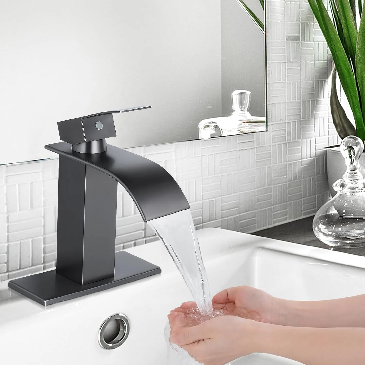 Qomolangma Waterfall Bathroom Faucet, Grey Modern Single Handle Bathroom Faucets for 1 or 3 Hole Bathroom Sink Faucet Mixer Tap Washbasin Faucet with Deck, Pop-up Drain and Supply Hoses